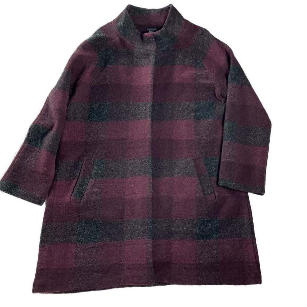 Paraphrase Burgundy Charcoal Plaid Wool Blend Coat Minimalist Collar XL